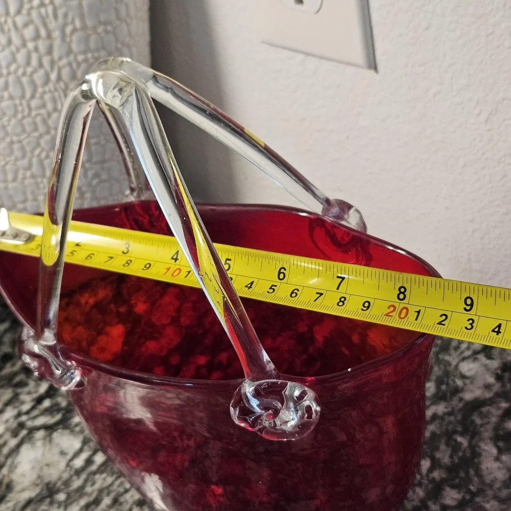 HandBlown Studio Art Glass Purse Vase Red Bag With Clear‎ Handles